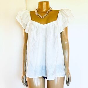 NWT Gorgeous Perch by BLU-Pepper 1XL White Short Ruffled Sleeve Flowy Blouse Top
